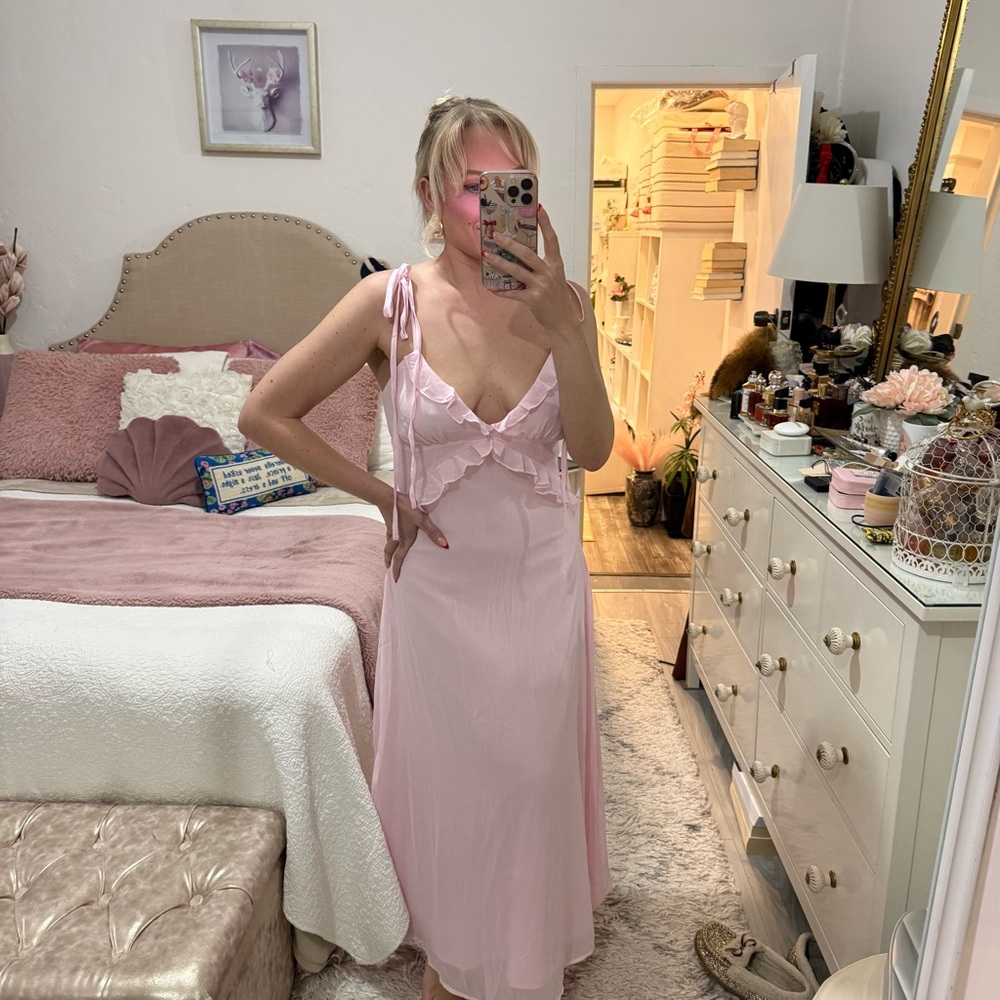 Pink Ruffle-Trim Spaghetti Strap Maxi Dress - Picture 2 of 6